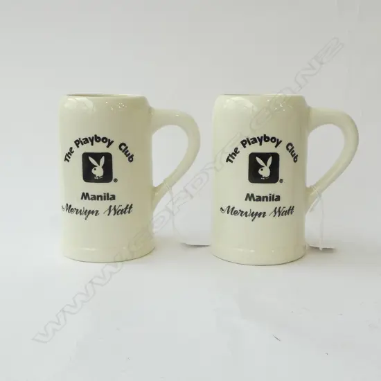 TWO CROWN LYNN 'THE PLAYBOY CLUB - MANILA' BEER MUGS NAMED FOR MERVYN WATT, (JOINT VENTURE BETWEEN CROWN LYNN & MAYON CE