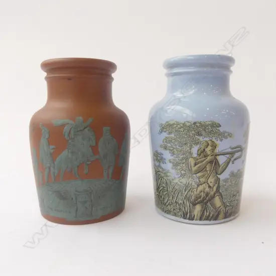 TWO ANTIQUE PRATTWARE POTS STAG HUNT & SHAKESPARE ‘THE WORLDS A STAGE’, H.100MM