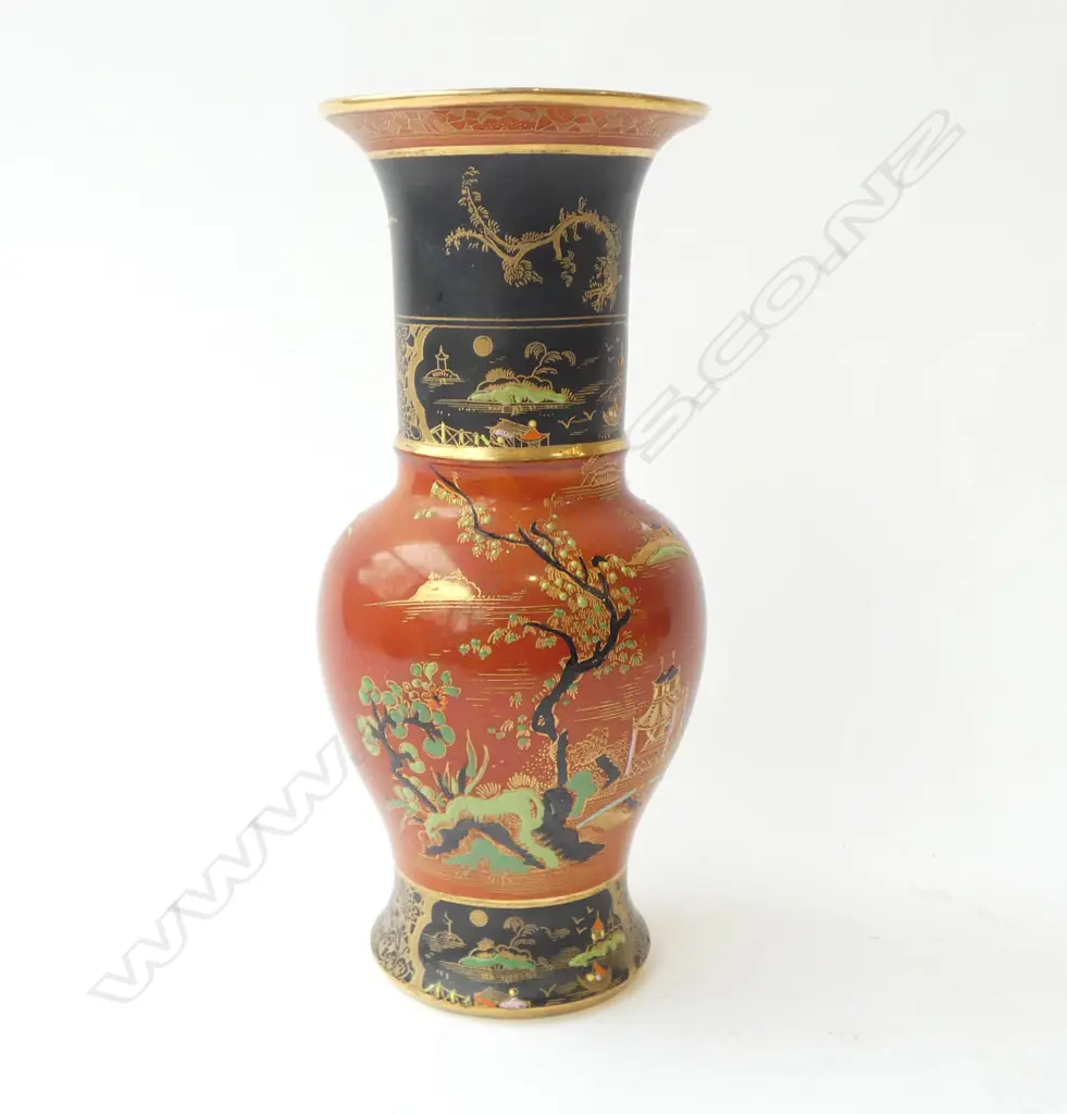 EARLY CARLTON WARE WITSHIRE AND ROBINSON PERIOD BALUSTER VASE , TERRACOTTA & BLACK COLOURWAY, CHINOISERIE PATTERN,H. 220 Image 1++