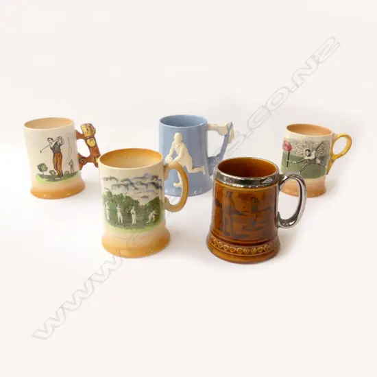 FIVE UK VINTAGE SPORTS TANKARDS GOLF, TENNIS, RUGBY, BOWLS, ROYAL BRADWELLL ETC, H.120MM-130MM