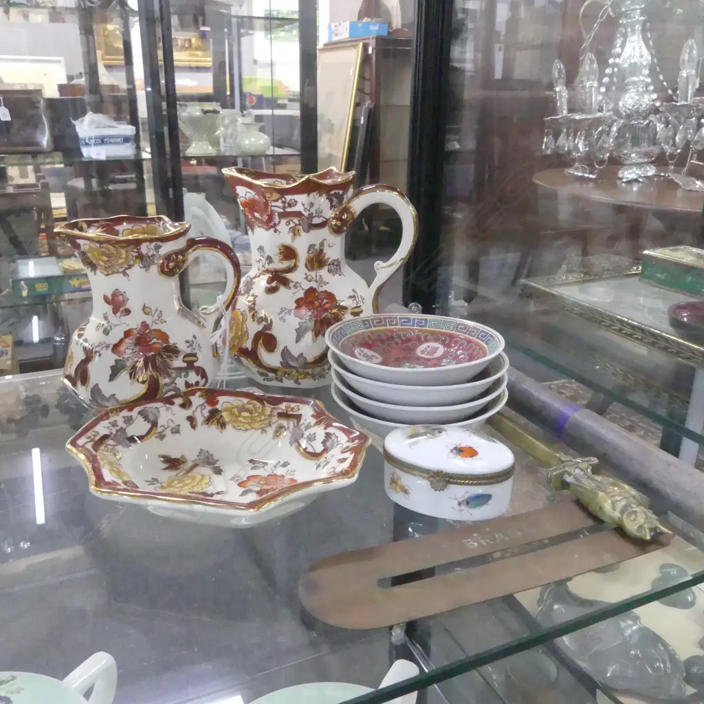 3 PCS MASON'S 'BROWN VELVET' IRONSTONE WARE, VINTAGE TEMP GAUGE, BRASS OWL LETTER OPENER ETC Image 1++