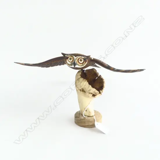 FINELY CARVED & PAINTED WOOD FLYING OWL on WOOD ROSE (Dactylanthus taylorii) STAND. W.300mm