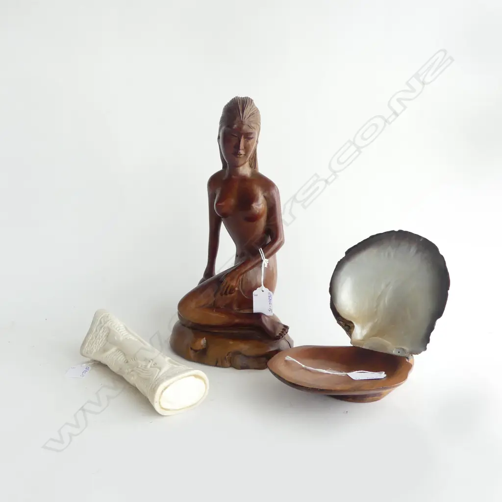 VINTAGE CARVED HARDWOOD STATUE (310mm) MOP/WOOD DISH & CARVED BONE TURTLE PC Image 1++