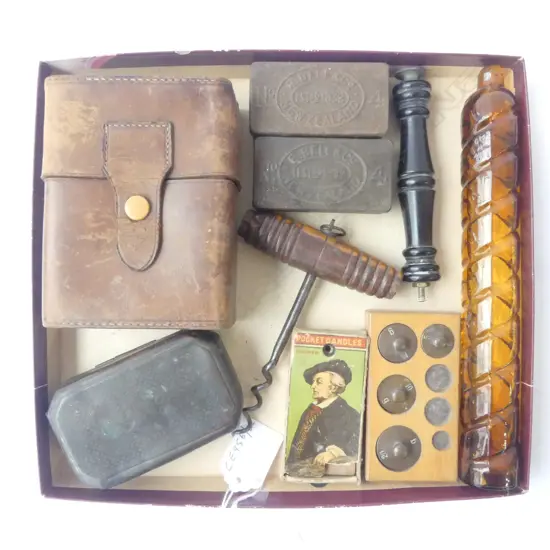 MINI MAX FIRE EXTINGUISHER, GEORGIAN SNUFF BOX, CORKSCREW, WEIGHTS, NZ VESTA TINS ETC