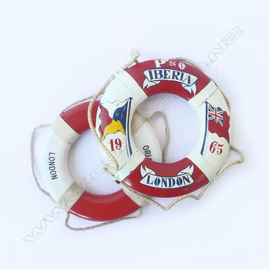 2 VINTAGE MODEL SHIP'S LIFE RINGS. 1 painted wood 'P&O Iberia London 1965' the other plastic Image 1++