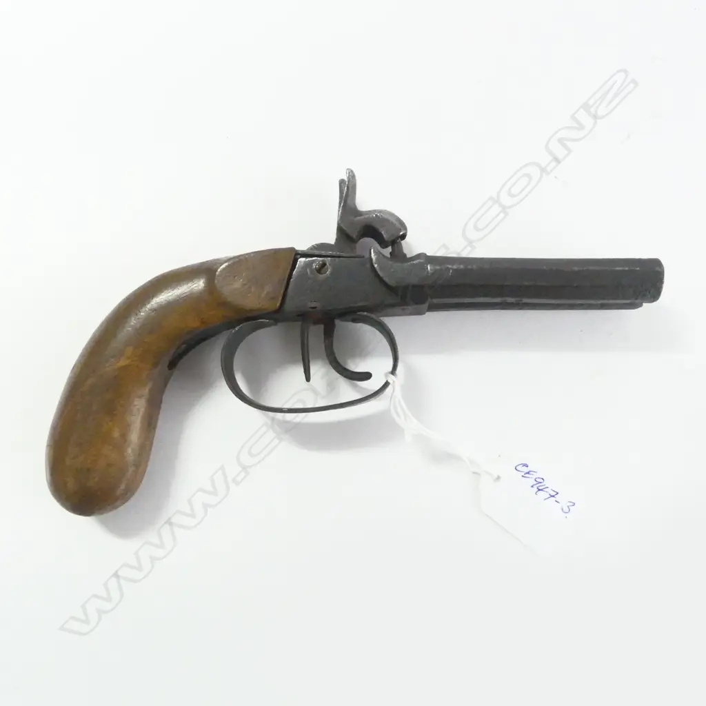 19thC DOUBLE BARREL PERCUSSION PISTOL WALNUT BUTT L.205mm. Octagonal barrels. No firearms license required Image 1++