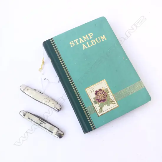 2 VINTAGE MOP POCKET KNIVES & NZ STAMP ALBUM