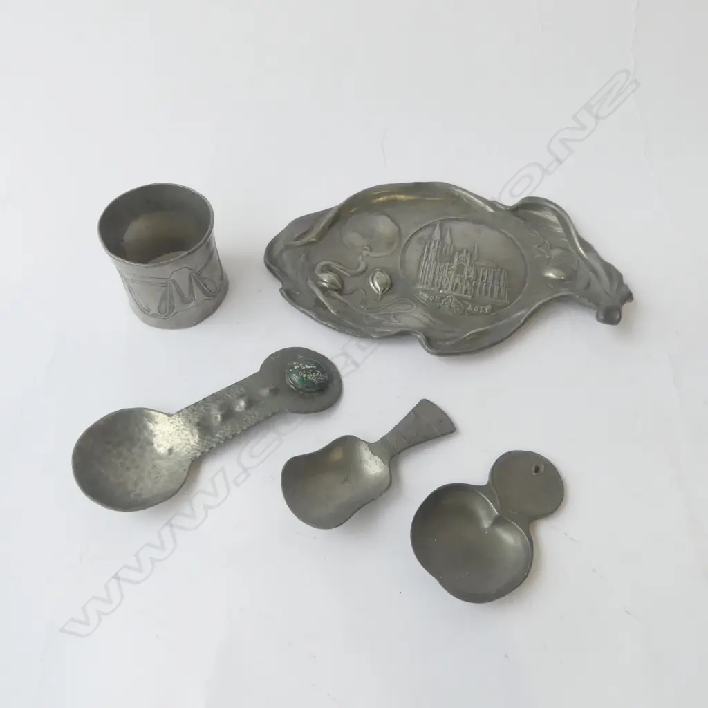 5 ART NOUVEAU PEWTER - DISH, CADDY SPOONS (ONE TUDRIC) & NAPKIN RING Image 1++