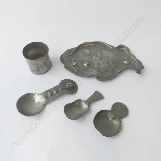 5 ART NOUVEAU PEWTER - DISH, CADDY SPOONS (ONE TUDRIC) & NAPKIN RING