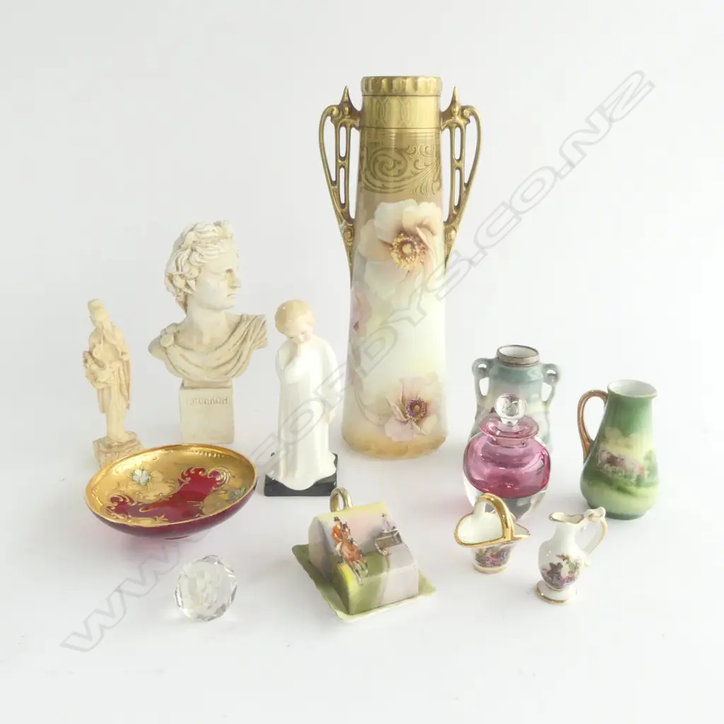 ASST. COLLECTABLES INCLD; BUST APOLLO, GERMAN PORCELAIN VASE, MURANO DISH & ROYAL DOULTON 'DARLING' FIG. Image 1++