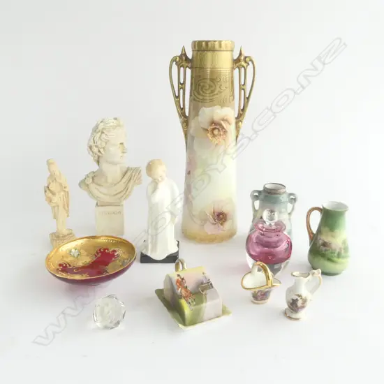 ASST. COLLECTABLES INCLD; BUST APOLLO, GERMAN PORCELAIN VASE, MURANO DISH & ROYAL DOULTON 'DARLING' FIG.