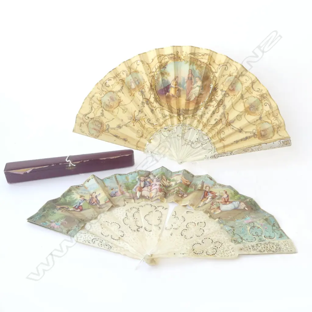 2 VICTORIAN HAND PAINTED MOP FANS both with faults, one in case L.300mm Image 1++