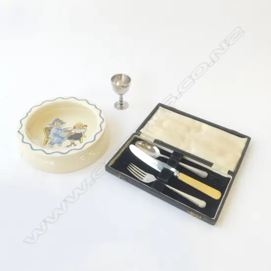 CASED SHEFFIELD KNIFE FORK SPOON SET + ROYAL NORFOLK BABY BOWL + CHRISTENING CUP
