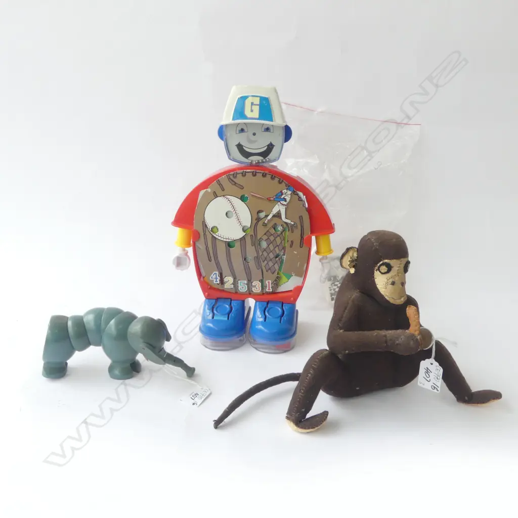 UNUUSUAL 1970S PLASTIC GAMEBOY GAME H.340mm & ARTICULATED WOODEN ELEPHANT L.180mm & OLD FELT MONKEY H.190mm  Image 1++