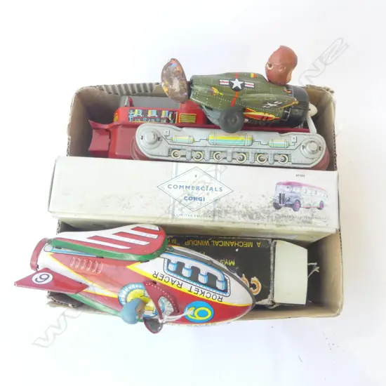 ASST. VINTAGE TOYS INCLUDING CORGI BUS, COFFIN BANK, etc