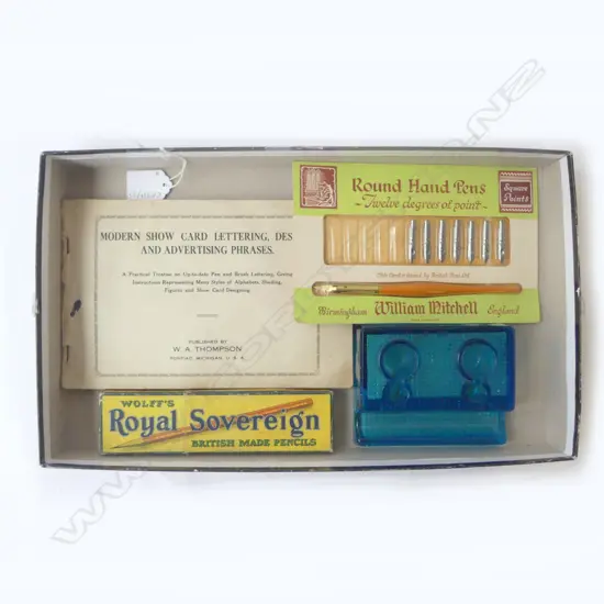 WOLFF’S UK PENCILS, BLUE GLASS INK DESK STAND, UK DIP PEN, LETTERING DESIGN BOOK 