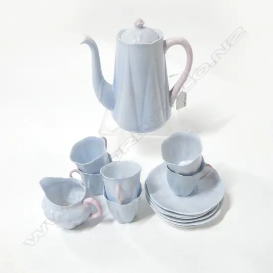 SHELLEY CHINA COFFEE SET COFFEE POT CREAM JUG 6 C/S BLUE COLOURWAY