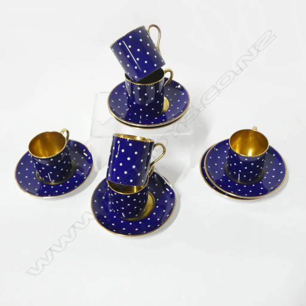 6 SHELLEY CHINA ROUGE BLUE GOLD WASHED COFFEE C/S Image 1++
