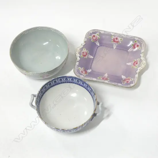 SHELLEY CHINA PLATE & BOWL DIA210MM & 2 HANDLED B/WHITE BOWL DIA200MM