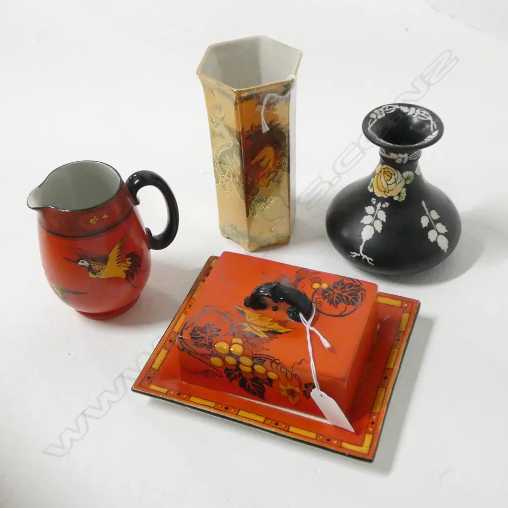 SHELLEY CHINA LIDDED BUTTER DISH JUG & VASE & BURSLEY WARE DRAGON VASE H160MM Image 1++