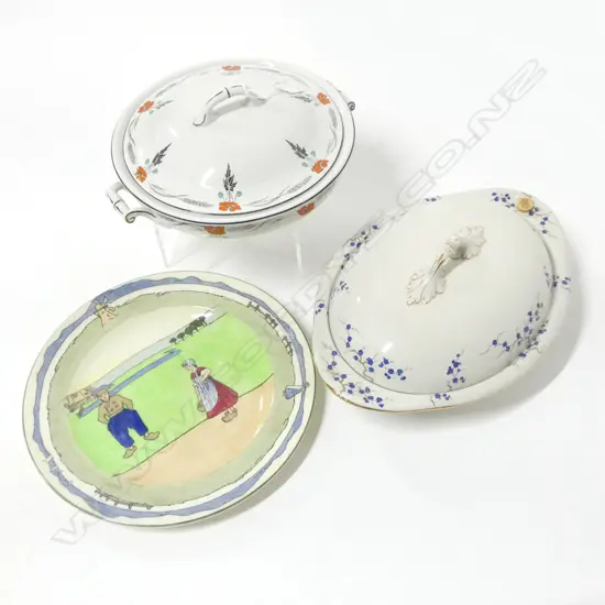 SHELLEY CHINA DUTCH SCENE RACK PLATE DIA 275MM & 2 UNMATCHING SHELLEY TURREENS