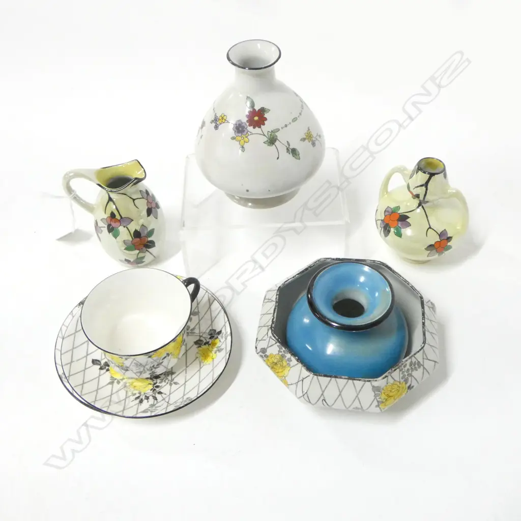 SHELLEY CHUNA BOWL DIA150MM MATCHING CSP & 4 SMALL SHELLEY VASES H150MM TALLEST Image 1++