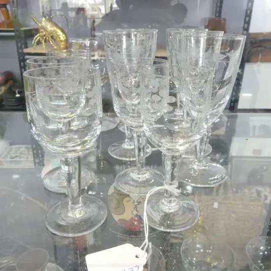 ASSORTED ETCHED SMALL WINE GLASSES