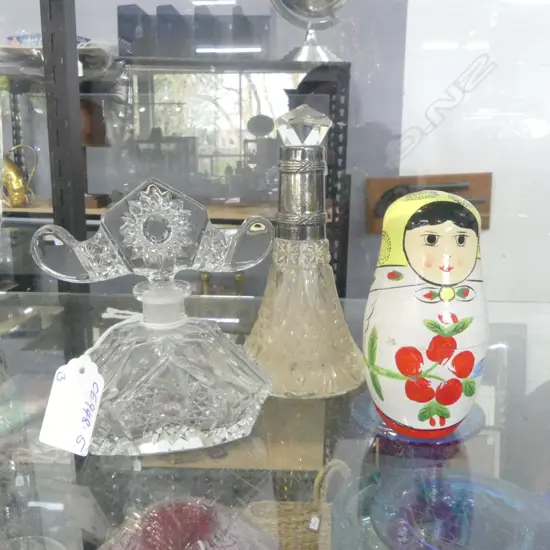 4 STACK RUSSIAN DOLL + 2 CRYSTAL SCENT BOTTLES 1 w wrong stopper & silver collar 