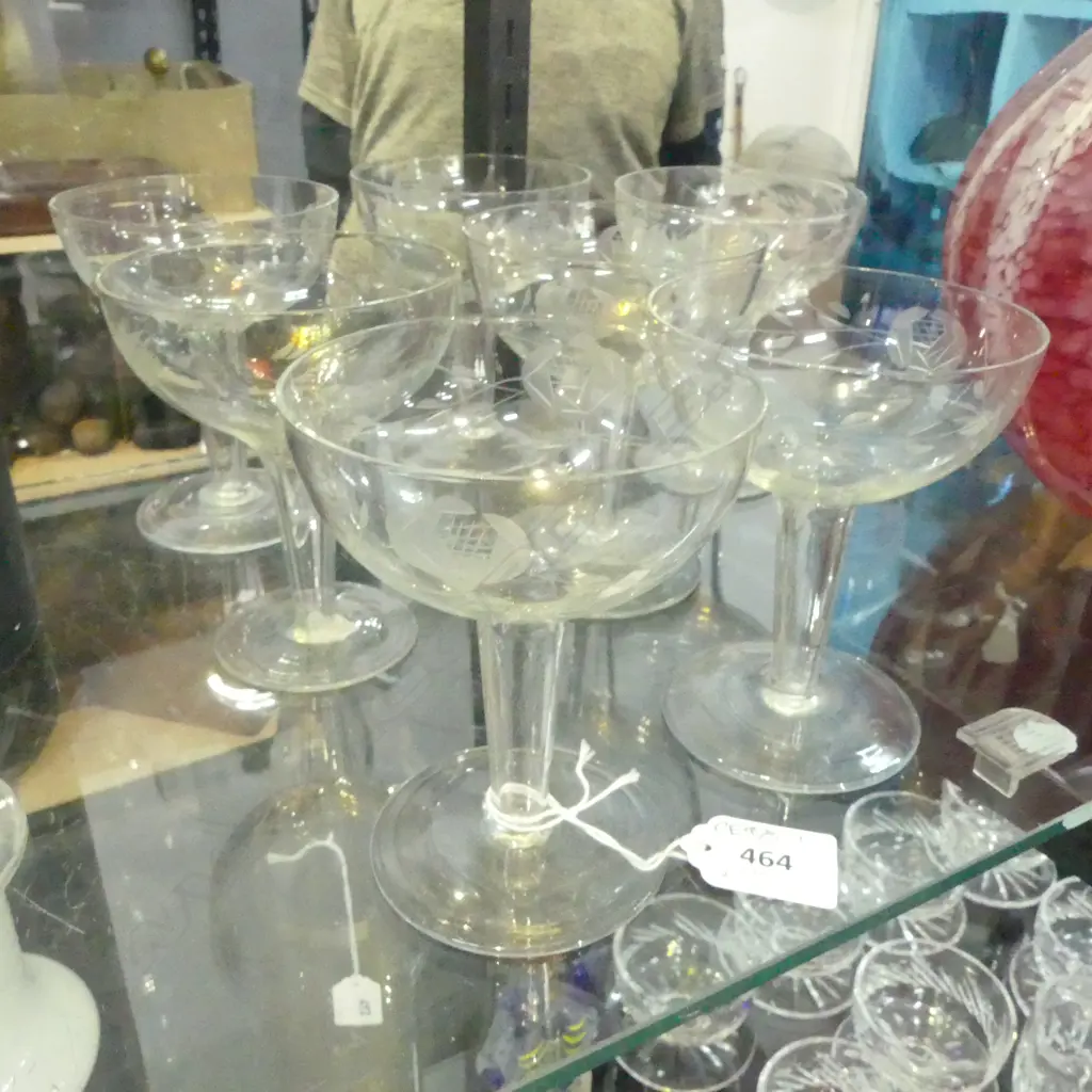 7 ETCHED GLASS HOLLOW STEM GLASSES Image 1++