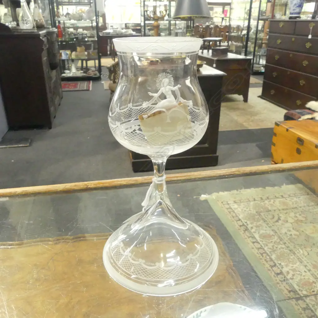 SCANDINAVIAN GLASS 'AURORA' CHALICE BY OREFORS 1976, ENGRAVED BY HUGO WILLIAMSON OF FEMALE WITH VEIL H. 210mm Image 1++