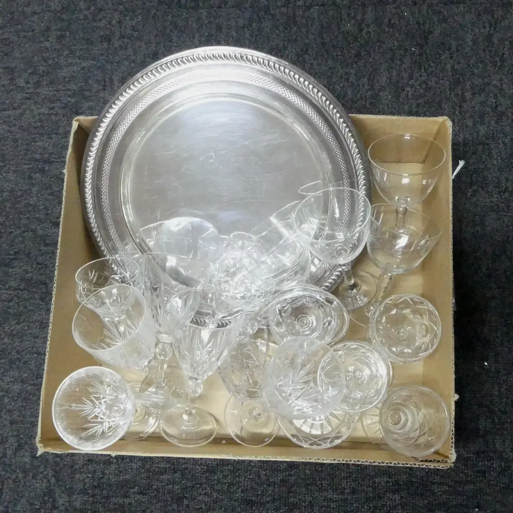 COLLECTION OF ASST. CRYSTAL/GLASSWARE + EP DRINKS TRAY  Image 1++