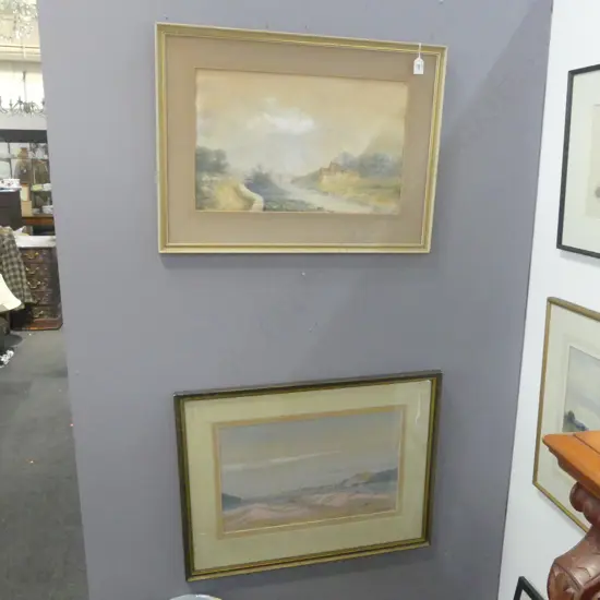 CYRIL WHITEOAK, WIDE COASTAL SCENE WITH SAILS, W/C, 315x490mm UNSIGNED RIVER SCENE W/C (NO GLASS) SOME FOXING