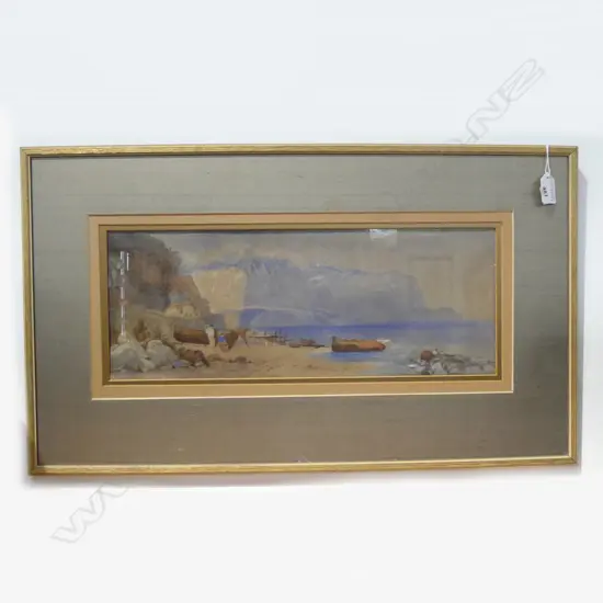 ANTIQUE WC; COASTAL SCENE w. 2 FISHERMEN 175x465mm