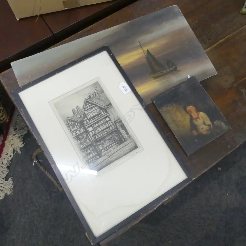 3 ARTWORKS; 2 ON BOARD + ETCHING 'HARVARD HOUSE STRATFORD-ON-AVON' 245x160mm  Image 1++