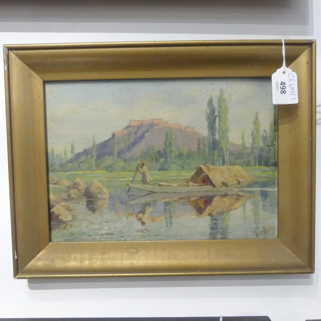 ANTIQUE SIGNED ARTWORK, MAN ON BOAT IN LANDSCAPE, OIL ON BOARD 170x240mm Image 1++