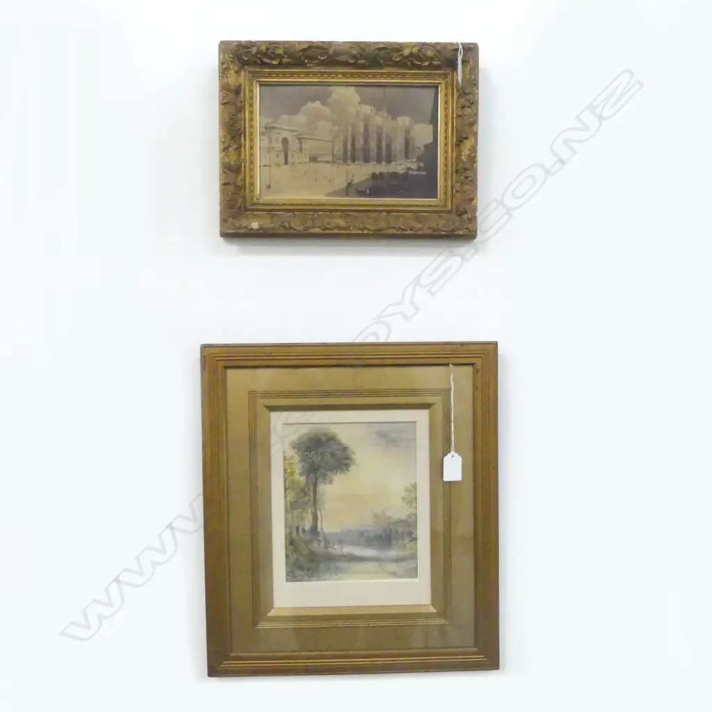 2 ARTWORKS IN GOLD FRAMES; LANDSCAPE WC 210x170mm, PRINT OF MILAN CATHEDRAL 145x230mm Image 1++