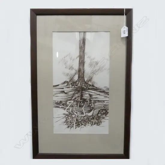 BUCK NIN (1942-1996), UNTITLED, INK ON PAPER, 360x200mm exhibition clipping verso