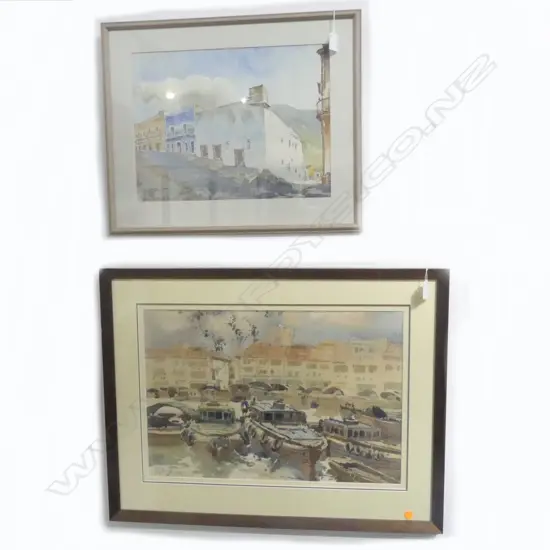 2 FRAMED ORIGINAL W/C's, CITY SCENES, INDISTINCT SIGNATURES, 360x520mm