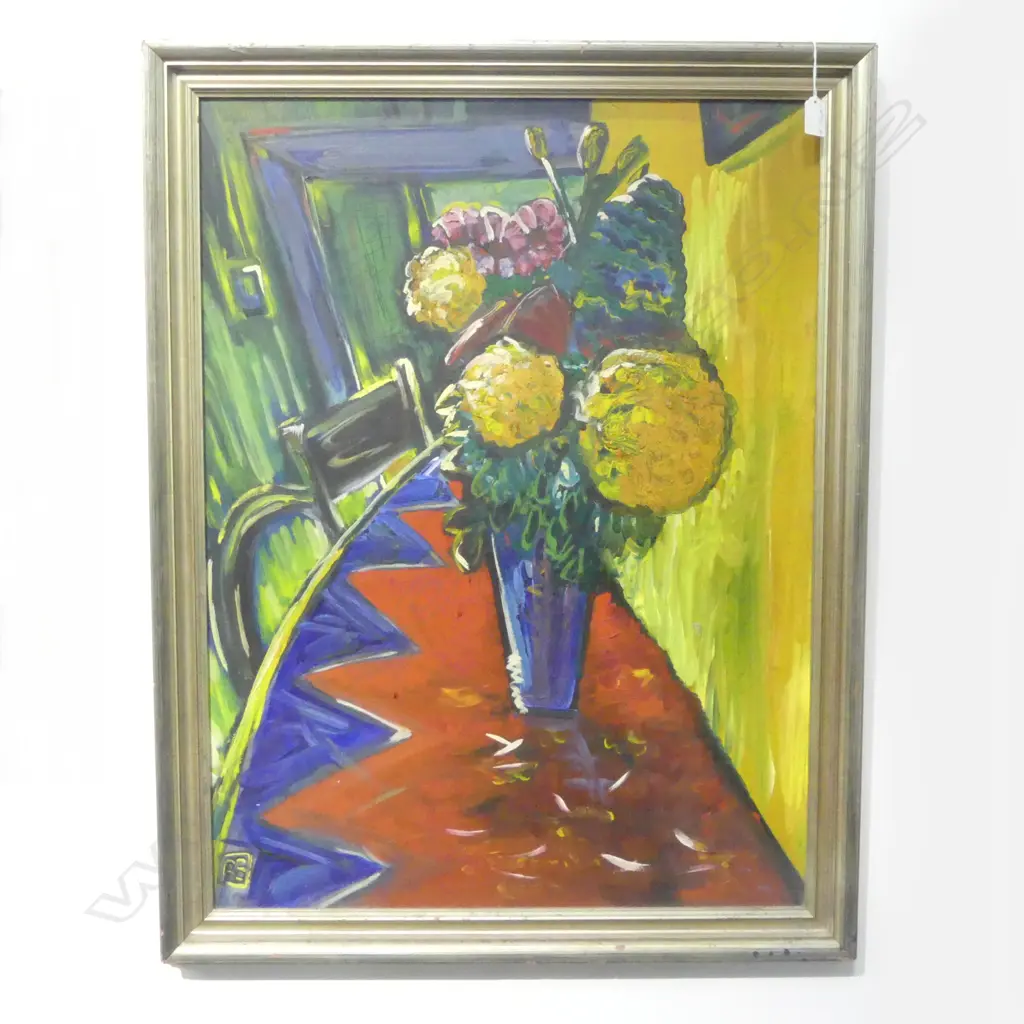 ARTIST UNKNOWN. INITIALLED OIL ON BOARD STILL LIFE 900 X 700MM Image 1++