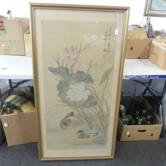 CHINESE PAINTING ON SILK OF 2 MANDARIN DUCKS, SIGNED,  1130x570mm