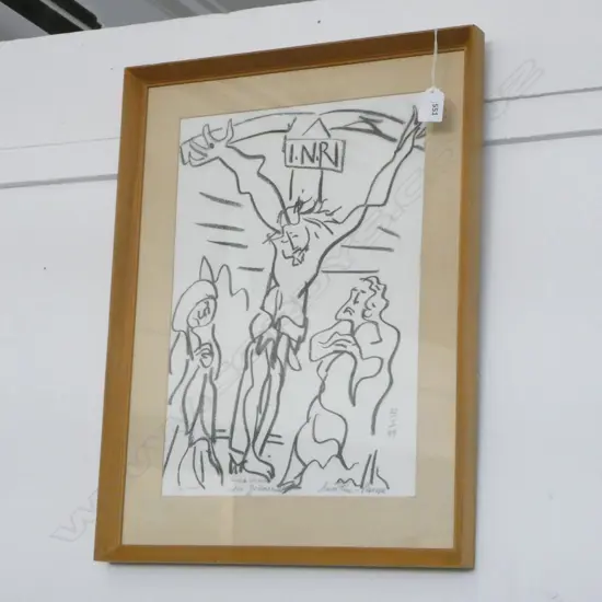 ARTIST SIGNATURE INDISTINCT, CRUCIFIXION, CHARCOAL ON PAPER, 550x410mm verso: exhibited 33 1/3 Gallery Wellington