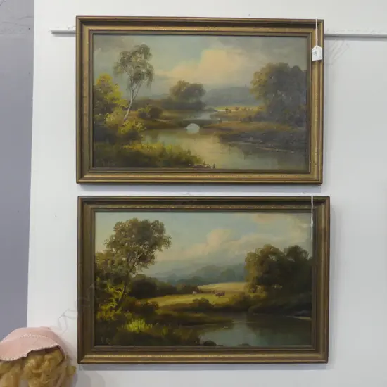 2 WORKS BY H. PARKER, OIL ON BOARD, RIVER/CATTLE SCENE, 330x540mm