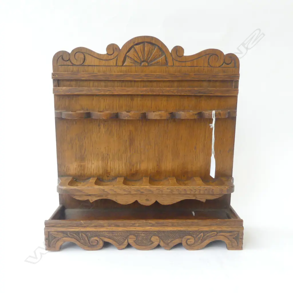 EDWARDIAN OAK CARVED PIPE STAND, CIRCA 1900, H.320MM, W.310MM, D.85MM Image 1++