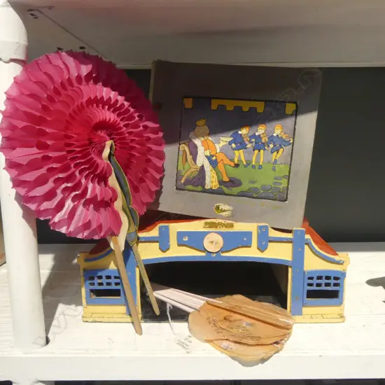 TWO OLD FANS, TOY GARAGE L.330mm, & 'LITTLE TOTS' RECORD BOOK 