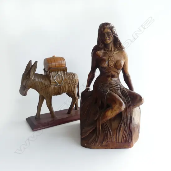2 WOOD CARVINGS; TE PANIA H.380mm, DONKEY
