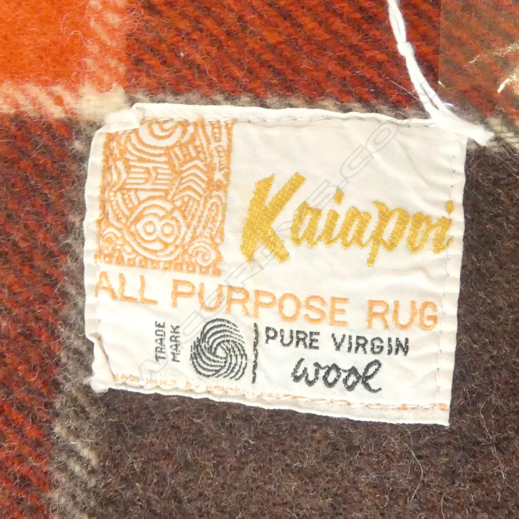 VINTAGE KAIAPOI NZ WOOL TRAVEL RUG RED & MUSTARD CHECK, L.1800MM W.1340MM Image 1++
