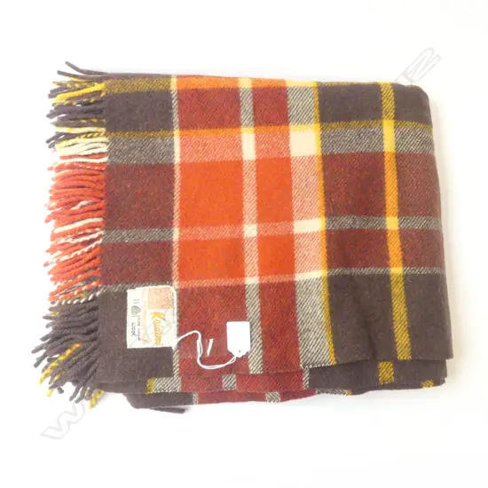 VINTAGE KAIAPOI NZ WOOL TRAVEL RUG RED & MUSTARD CHECK, L.1800MM W.1340MM