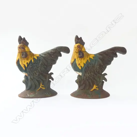 TWO VINTAGE CAST IRON ROOSTER DOOR STOPS, H.225MM, L.200MM