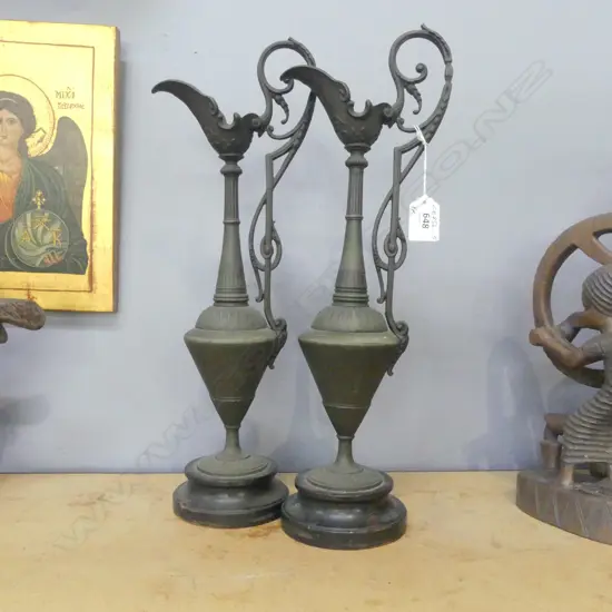 PR VICTORIAN SPELTER EWER URNS on WOODEN BASE, H.410mm