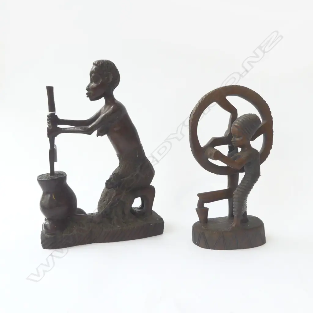 TWO WOODEN CARVED AFRICAN FIGURES – WOMAN AT WELL & WOMAN COOKING, H.325MM, H.265MM  Image 1++